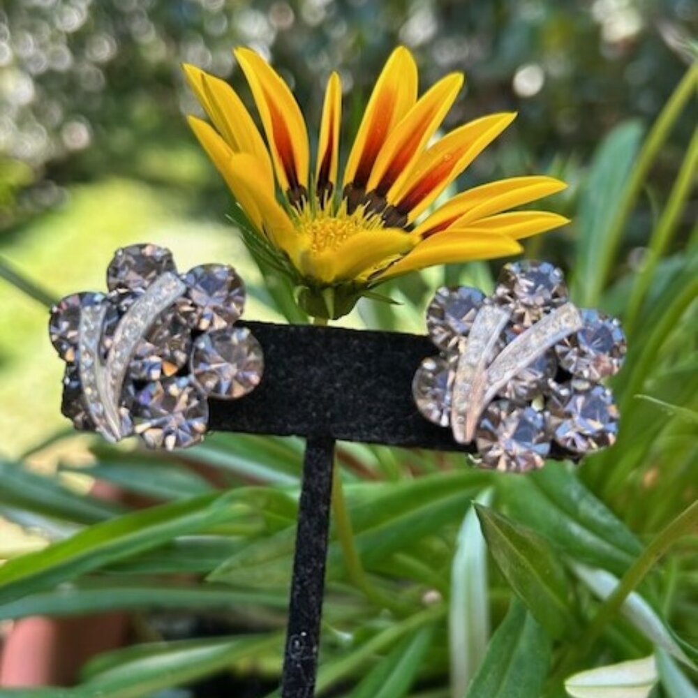WEISS Smokey Black Art Deco Rhinestone EARRINGS